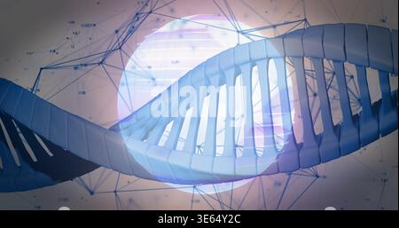 Twisting DNA double helix floating in abstract digital graphic, with glowing orb and network nodes Stock Photo