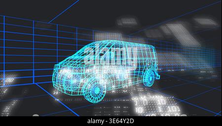 Displaying holographic cyan wireframe van rotating in dark virtual studio, with binary code Stock Photo