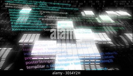 Glowing glassy panels moving through virtual data plane, showing code snippets and binary digits Stock Photo