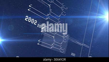 White schematic bracket on tilted translucent panel floating in space, with 2002 or 2021, grid, flar Stock Photo