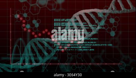 Displaying stylized teal DNA double helix curving across virtual lab dashboard, with floating code Stock Photo
