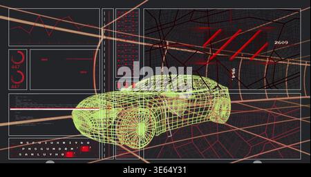 Booting neon green wireframe sports car rotating on grid, UI panels updating for testing Stock Photo