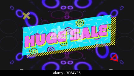 Featuring slanted cyan panel displaying HUGE SALE on neon ringed backdrop, hazard stripe Stock Photo
