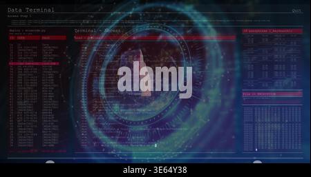 Displaying terminal HUD on monitor showing left ID or pass table, central vortex, right hex tables Stock Photo
