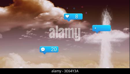 Floating three blue notification bubbles drifting over warm sepia sky, with confetti, cloud plume Stock Photo