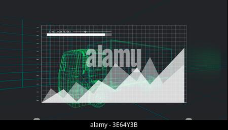 Displaying translucent panel over neon wireframe van in teal grid, showing chart and slider Stock Photo