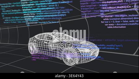 Showing 3D wireframe sedan spinning in virtual tunnel with grid floor, glowing hubs, floating code Stock Photo