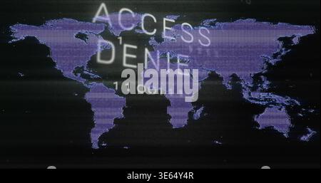 Displaying styled purple world map glitching on monitor showing ACCESS DENIED text with scan lines Stock Photo