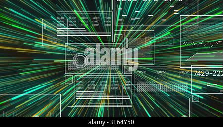 Displaying central wireframe keyboard pulsing in dark dashboard, showing reticle and numeric grids Stock Photo