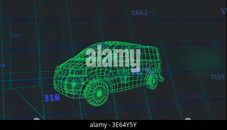 Displaying neon-green wireframe van in virtual 3D grid, showing blue numeric readouts and axes Stock Photo
