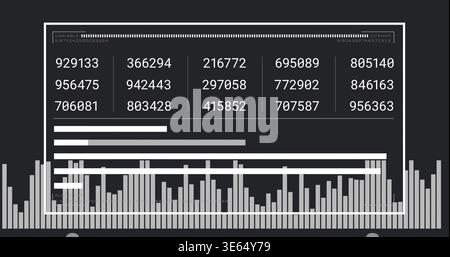 Showing centered white frame dashboard with numeric grid, dotted indicator, bars on charcoal screen Stock Photo