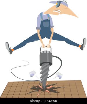 Cartoon construction worker operates jackhammer. Construction worker in headphones with jackhammer breaks up pavement Stock Vector
