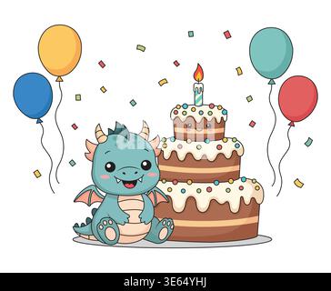 Little Dragon Celebrating Birthday with Giant Chocolate Cake and Colorful Balloons Illustration Stock Vector