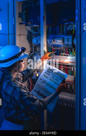 Electrical specialist inspecting equipment using power system blueprint. Technical maintenance. Stock Photo