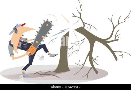 Chainsaw worker cuts wood with chainsaw. Funny worker in protection headphones with chainsaw cuts a tree Stock Vector