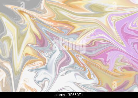An abstract liquid marble texture with a blend of pastel colors including pink, yellow, grey, and purple, creating a soft and fluid artistic pattern. Stock Photo