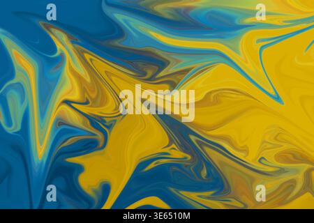A dynamic abstract composition with bold, flowing swirls of deep blue and bright yellow, creating a high-contrast, energetic marbled pattern. Stock Photo
