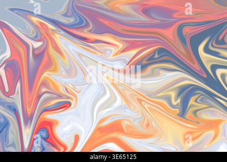 A vibrant abstract background featuring swirling liquid marble patterns in pastel shades of blue, orange, pink, and yellow, creating a fluid artistic Stock Photo