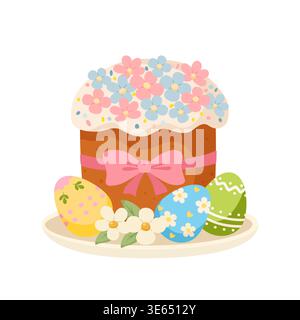 Festive Easter cake decorated with pink and blue flowers and a bow, with three painted eggs. Stock Vector