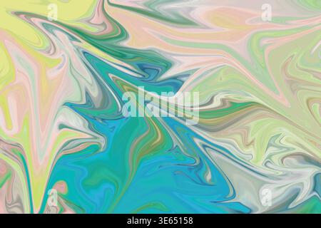 A colorful abstract background featuring dynamic, flowing liquid marble swirls in a bright palette of turquoise, green, yellow, and soft pink. Stock Photo