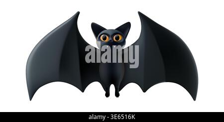 Happy halloween bat. 3d vector decor shape, vampire icon hanging render. Dracula teeth, black wings, cute devil smile. Orange cute party scary symbol Stock Vector