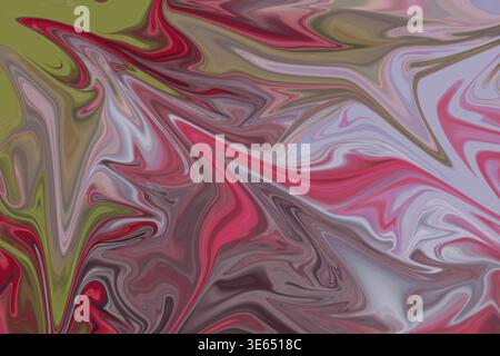 A fluid, swirling abstract background featuring bold waves and marbled patterns in a mix of red, green, purple, and grey, creating a dynamic look. Stock Photo