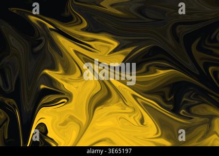 An elegant abstract marble texture featuring luxurious swirls of golden yellow and deep black, creating a sophisticated and high-contrast fluid design Stock Photo