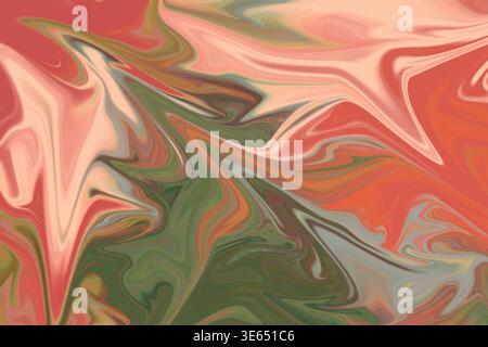 An artistic abstract liquid marble background featuring a blend of earthy green, coral pink, and soft orange fluid swirls for a unique texture. Stock Photo
