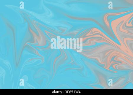 A vibrant abstract background featuring fluid marble patterns with swirling shades of bright blue, soft peach, and light grey. Stock Photo