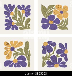 Matisse Botanical Hand Drawn Set. Organic Flowers art. Minimalist Floral Elements with Hatching Textures on light Background. Vector illustration. Iso Stock Vector