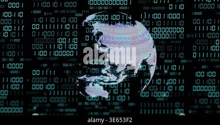 Spinning pixelated globe highlighting Asia-Pacific, hovering over data dashboard with teal binary Stock Photo