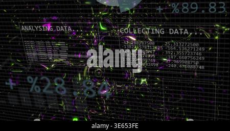 Displaying two holographic panels floating in 3D grid, showing numeric glyphs and neon streaks Stock Photo