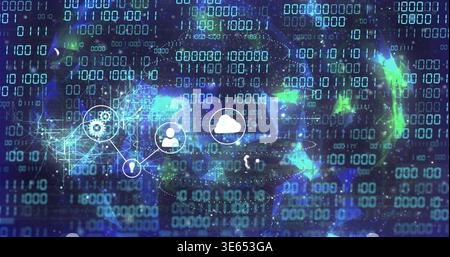 Rotating translucent globe with cloud and user icons pulsing in cyberspace, showing binary matrix Stock Photo