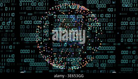 Glowing digital globe rotating in virtual cyberspace, showing binary matrix, neon lines, particles Stock Photo