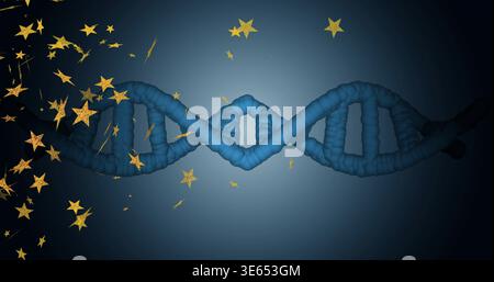 Displaying large blue DNA double helix running across dark blue gradient, with gold stars Stock Photo