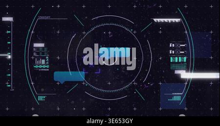 Displaying central reticle and teal chat bubbles rotating in virtual starfield, with glitch beam Stock Photo