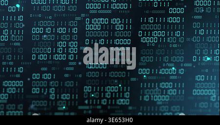 Displaying glowing binary digits streaming down vertical columns in digital matrix, with scan lines Stock Photo