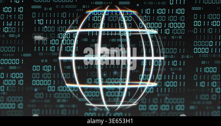 Rotating white wireframe globe hologram in dark teal binary backdrop, showing intersecting rings Stock Photo