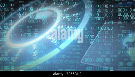 Animating glowing HUD ring projecting arcs and binary streams on virtual display, showing map Stock Photo