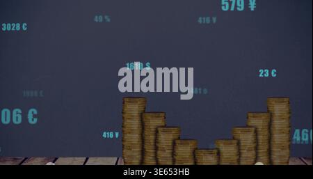 Displaying stacks of gold coins forming stepped chart on wooden plank tabletop, cyan annotations Stock Photo