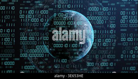 Rotating teal globe projecting binary streams in virtual space, with hex grid and node links Stock Photo