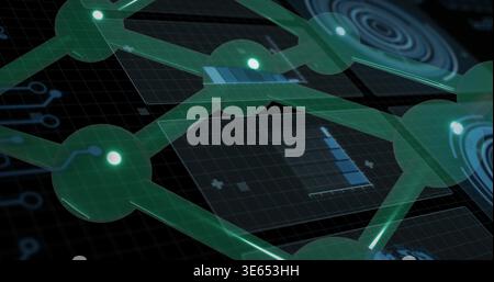 Displaying translucent green node-lattice over data grid, with nodes, tubular links, radar rings Stock Photo