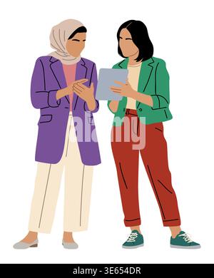 Two women stand close, engaged in conversation Stock Vector