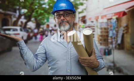 Man architect wearing blue hardhat and glasses holding rolled blueprints and smiling while gesturing with open hand on street; confidence professional Stock Photo