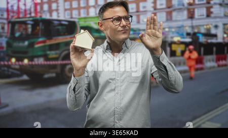 Man holding wooden house model and pointing with right hand on street with construction workers and barriers; confidence. Stock Photo