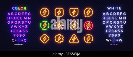 Neon alphabet and electric energy icons glowing in bright colors. Set of lightning symbols in different frames and styles on transparent background Stock Vector