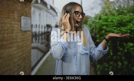 Woman operator wearing headset adjusts microphone with hand and points on street; concern customer service. Stock Photo