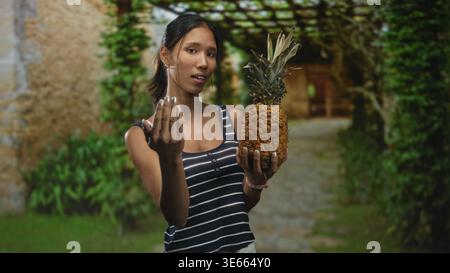Thai woman holding pineapple and beckoning with hand in building courtyard path; inviting summer tropical. Stock Photo