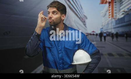 Man construction worker with beard in blue work overalls holding white hardhat at his hip, fingers crossed near face on street beside docked cruise sh Stock Photo