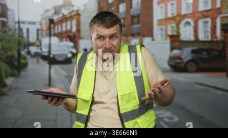 Man in high visibility vest points finger to tablet while checking digital plans on a busy city street with brick buildings and parked cars; work focu Stock Photo